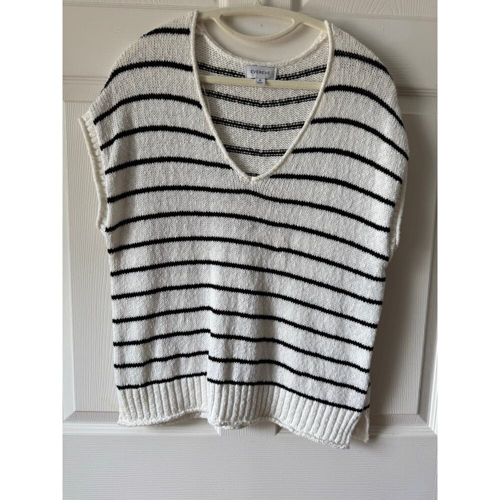 Evereve White Black Stripe Cotton Sweater Top Size‎ M Short Sleeve Coastal Light